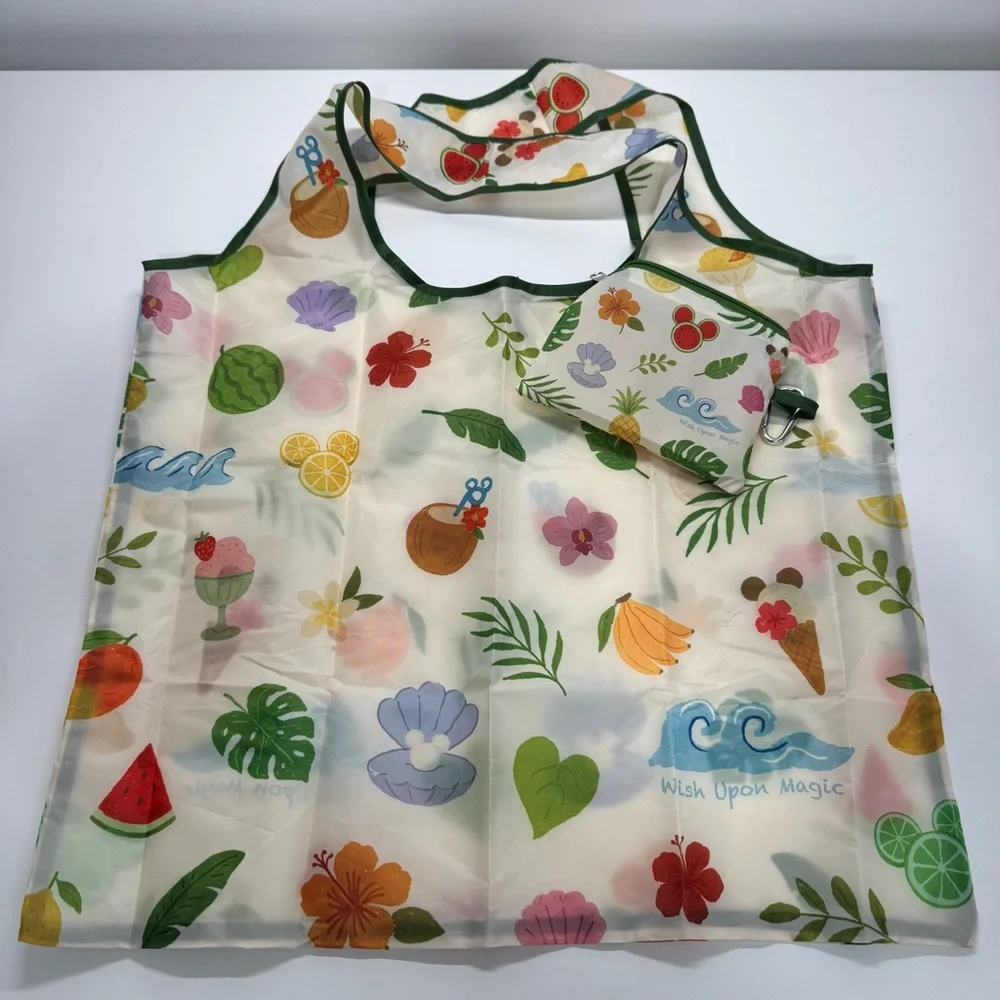 Reusable Packable Tote Bag In Pouch Seashells Palm Leaves Flowers Travel